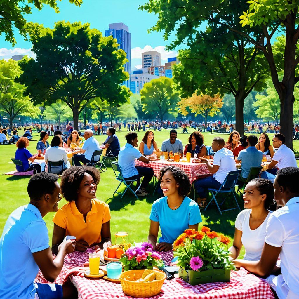 A bustling urban scene filled with diverse people sharing genuine smiles and laughter in a vibrant park; colorful flowers and greenery surrounding a picnic gathering, with bright city buildings in the background reflecting a sunny sky. The atmosphere radiates positivity and connection among individuals of various ages and backgrounds. super-realistic. vibrant colors. 3D.