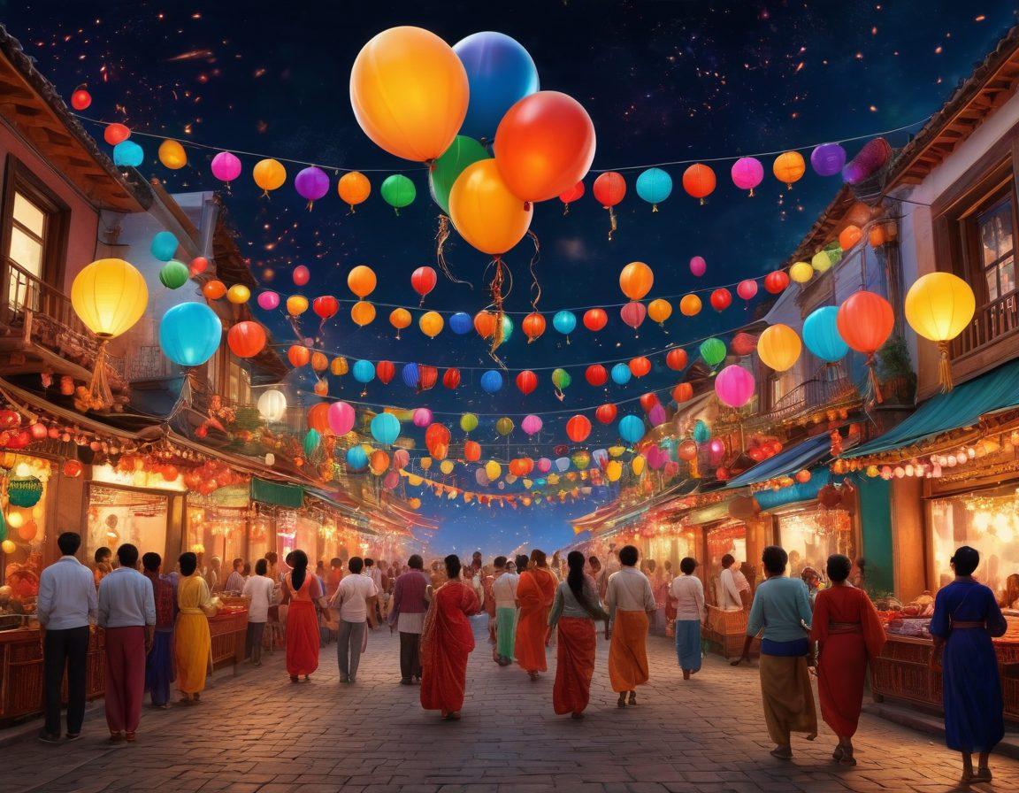 A vibrant street scene filled with joyous people celebrating various festivals, adorned with colorful decorations like lanterns and balloons. Include diverse cultural elements like dancers in traditional attire, food stalls, and families enjoying the festivities. Add a background with lively buildings and fireworks lighting up the night sky. super-realistic. vibrant colors. 3D.