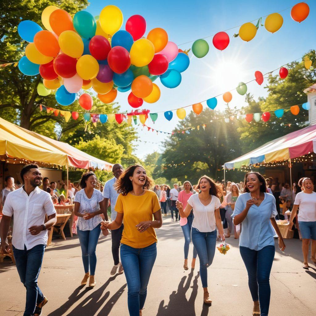 A vibrant community celebration scene filled with diverse groups of people joyfully engaging in various activities like dancing, laughing, and sharing food, surrounded by colorful decorations and festive banners. Sunlight illuminates the scene, creating a warm and inviting atmosphere, with symbols of happiness like balloons and flowers. In the background, a park setting with trees and a clear blue sky enhances the uplifting mood. super-realistic. vibrant colors. cheerful atmosphere.
